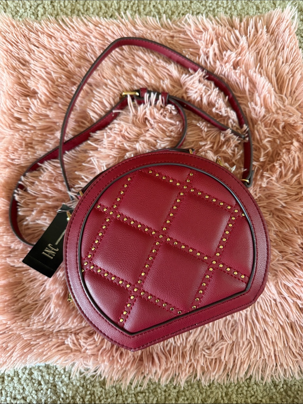 INC International Concepts Red Quilted Round Stud Crossbody Bag